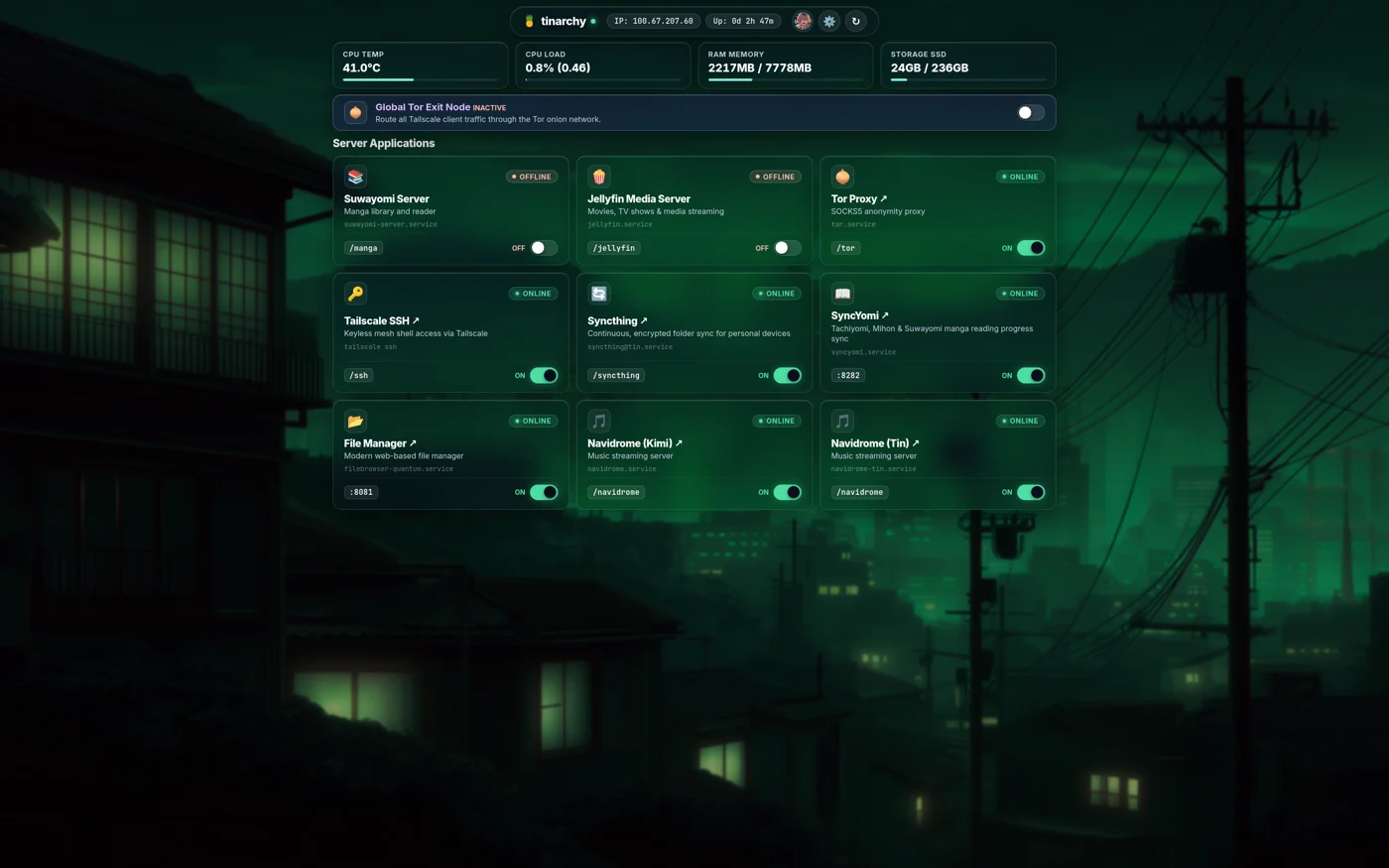 Tinarchy dashboard showing live system telemetry and self-hosted service controls